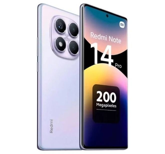 Smartphone Xiaomi Redmi Note 14 Pro en color lavanda, vista frontal y trasera con triple cámara y pantalla de 200 MP.