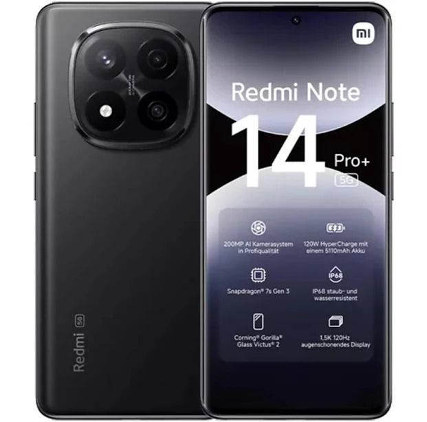 Smartphone Redmi Note 14 Pro+, vista frontal y trasera sobre fondo negro.