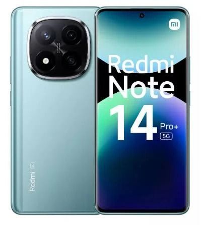 Smartphone Redmi Note 14 Pro+ 5G, vista frontal y trasera en azul claro.