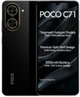 Smartphone POCO C71 negro que muestra la parte frontal y trasera con cámara dual y texto promocional de 