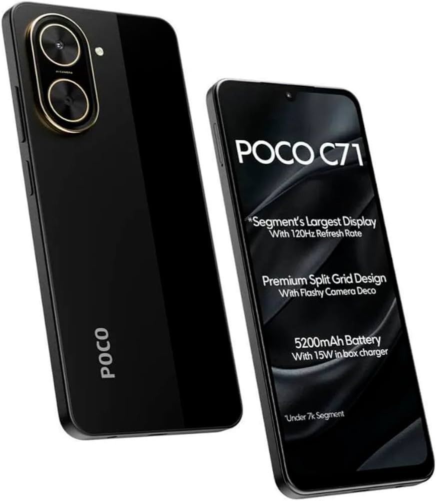 Smartphone POCO C71 negro que muestra la parte frontal y trasera con cámara dual y texto promocional de 