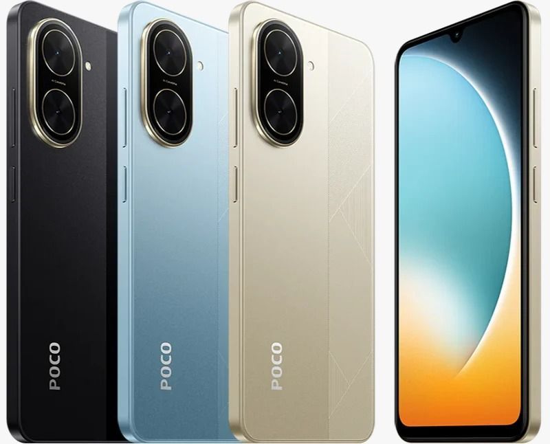 Smartphones POCO en negro, azul y beige, mostrando vistas frontal y trasera.