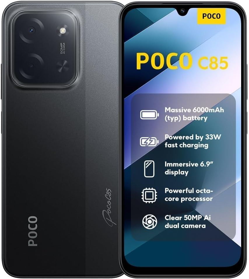 Se muestra el smartphone POCO C85 por delante y por detrás, con acabado en negro y pantalla que muestra las características principales.