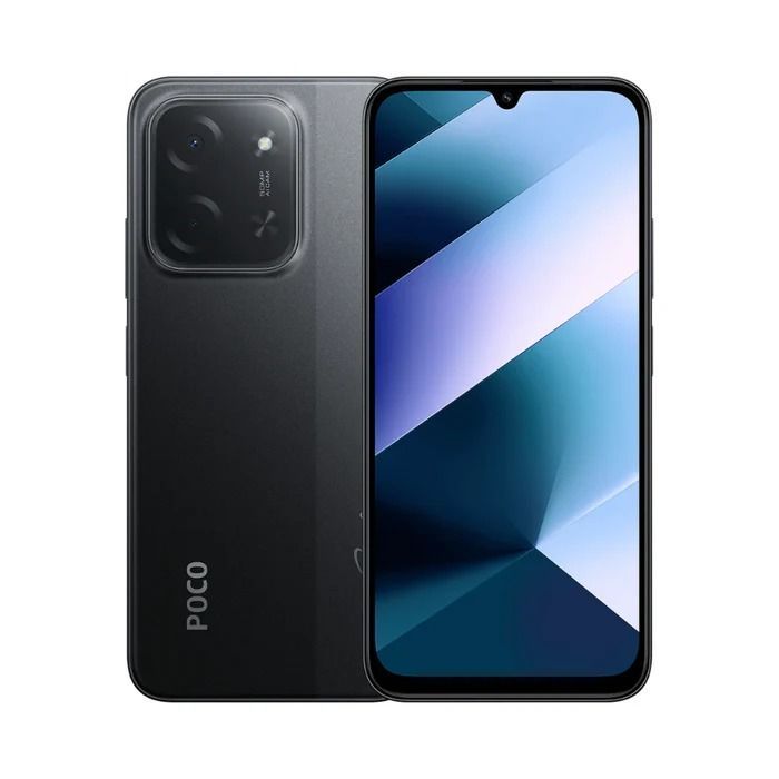 Se muestra el smartphone POCO C85 por delante y por detrás, con acabado en negro y pantalla que muestra las características principales.