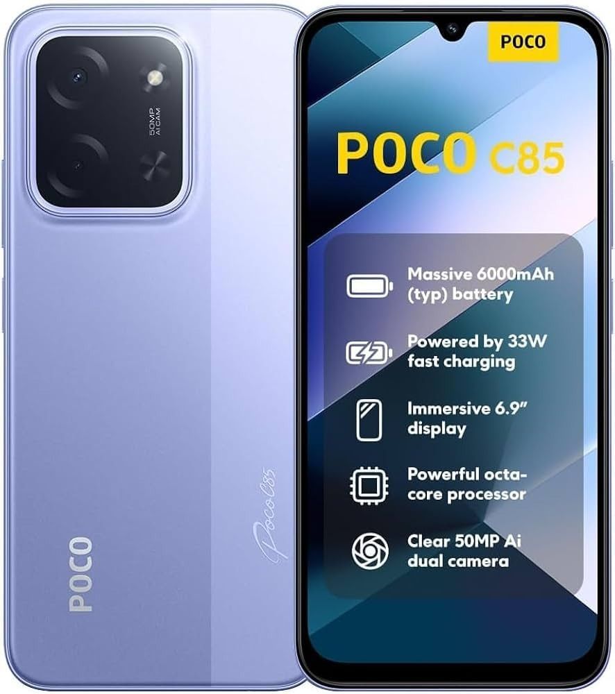 Smartphone POCO C85 en color lavanda, se muestran la parte frontal y trasera con las especificaciones en pantalla.