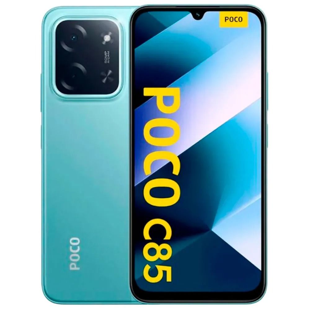 Smartphone POCO C85 en color lavanda, se muestran la parte frontal y trasera con las especificaciones en pantalla.