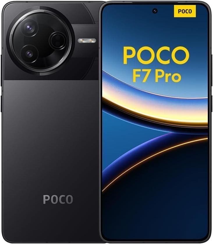 El smartphone POCO F7 Pro se muestra tanto por delante como por detrás en color plateado, con pantalla azul y un gran módulo de cámara trasera circular.