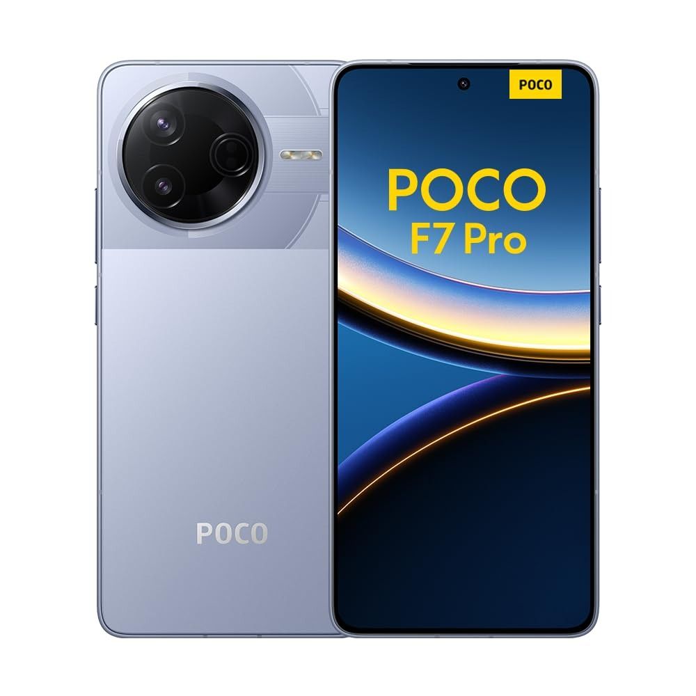 El smartphone POCO F7 Pro se muestra tanto por delante como por detrás en color plateado, con pantalla azul y un gran módulo de cámara trasera circular.