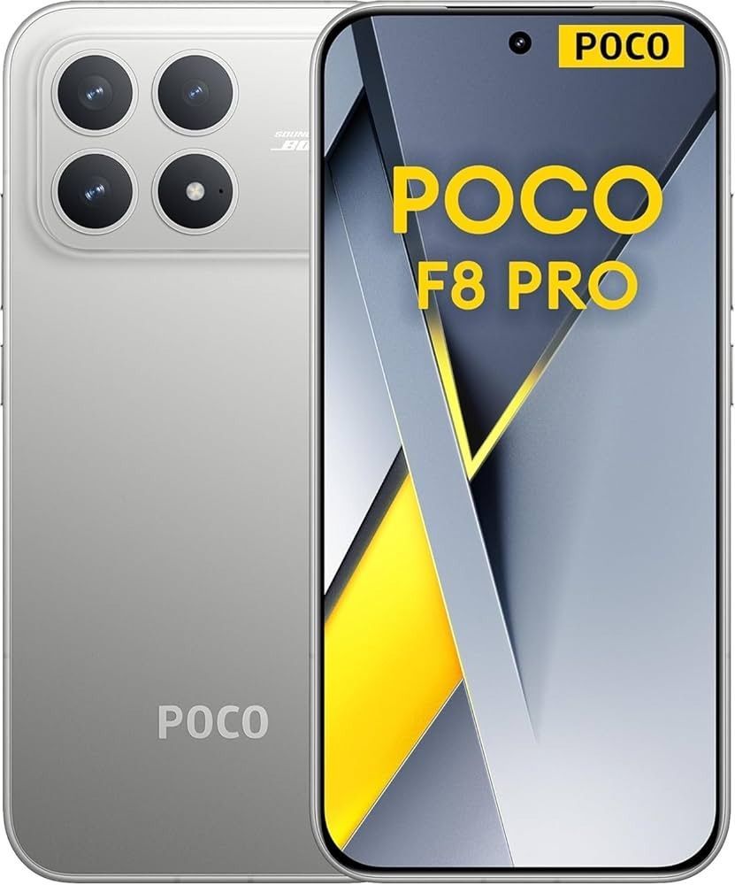 Smartphone POCO F8 Pro en color plata, mostrando la parte frontal y trasera con triple cámara trasera y pantalla amarilla y negra.