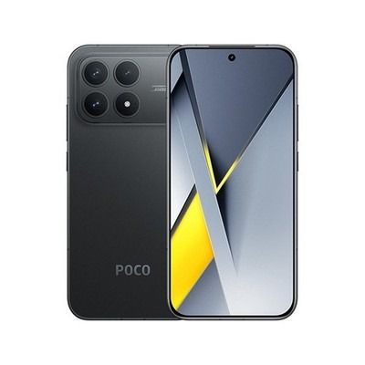 Smartphone POCO F8 Pro en color plata, mostrando la parte frontal y trasera con triple cámara trasera y pantalla amarilla y negra.