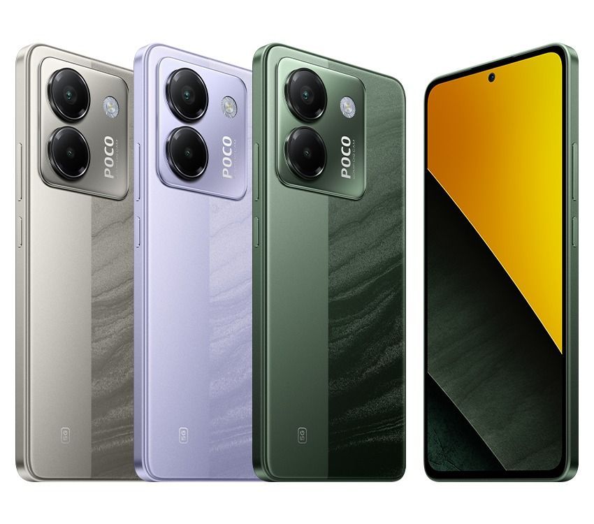 Cuatro smartphones Poco en gris, morado y verde, además de uno que muestra una pantalla amarilla y negra.