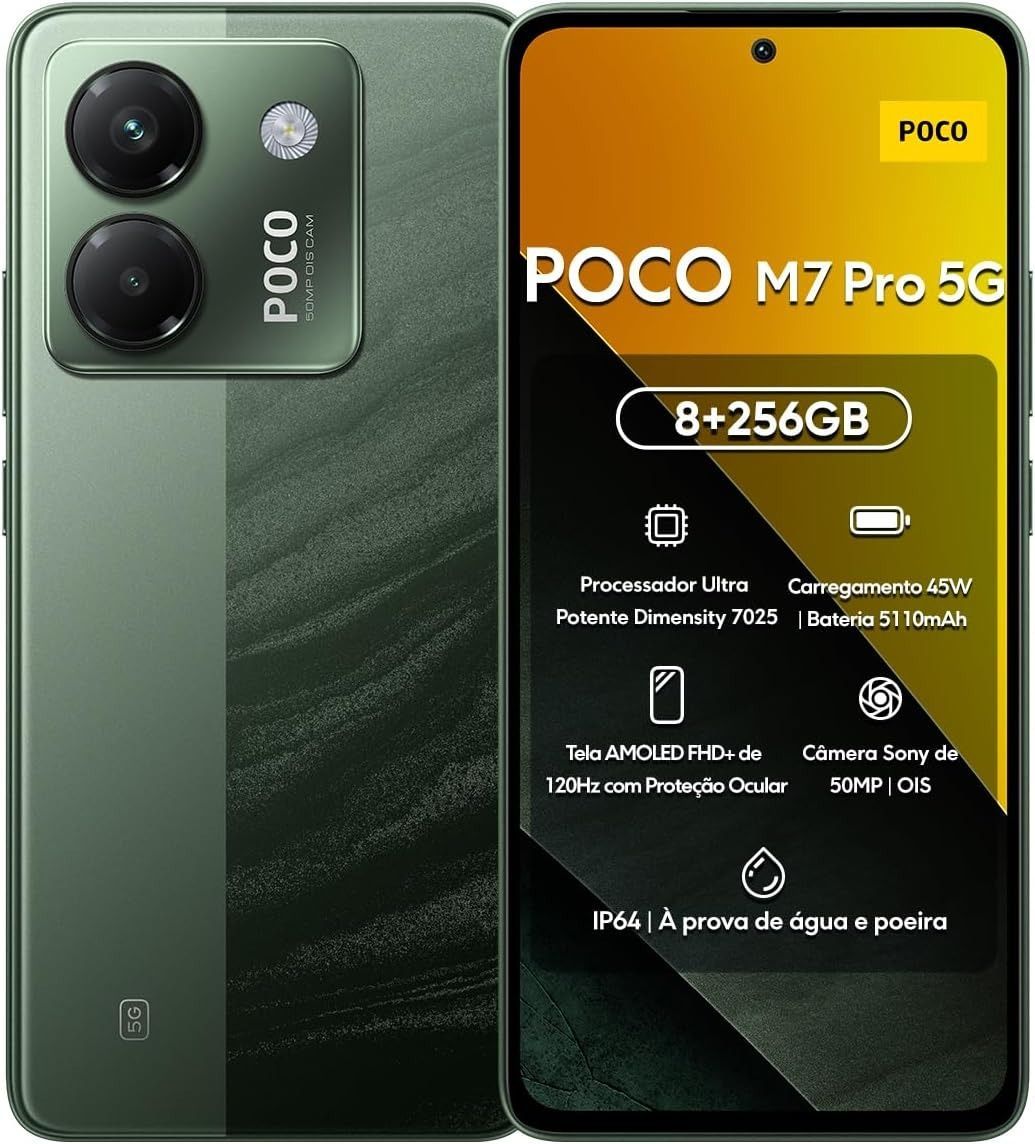Cuatro smartphones Poco en gris, morado y verde, además de uno que muestra una pantalla amarilla y negra.