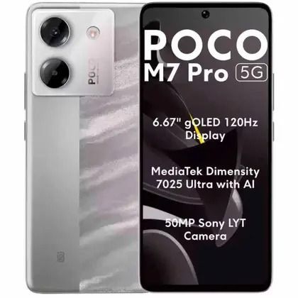 Smartphone POCO M7 Pro 5G, vista frontal y trasera, cuerpo plateado con especificaciones de pantalla mostradas en pantalla.
