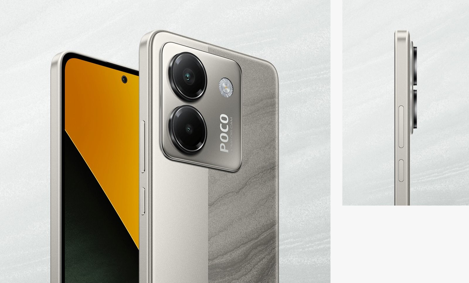 Smartphone POCO M7 Pro 5G, vista frontal y trasera, cuerpo plateado con especificaciones de pantalla mostradas en pantalla.