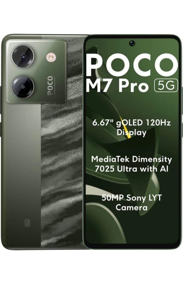 Smartphone POCO M7 Pro 5G en color verde oscuro, vista frontal y trasera con especificaciones de pantalla.