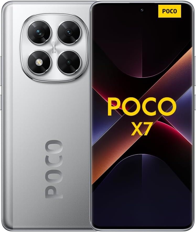 Smartphone POCO X7, vistas frontal y trasera, cuerpo plateado con módulo de triple cámara y logotipo amarillo.