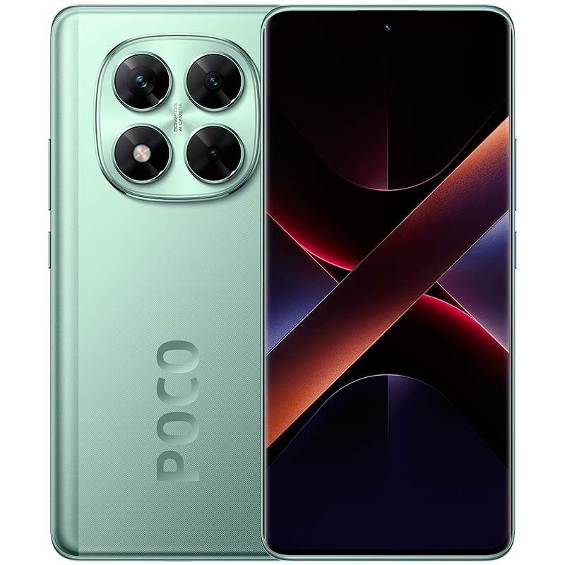 Smartphone POCO X7, vistas frontal y trasera, cuerpo plateado con módulo de triple cámara y logotipo amarillo.