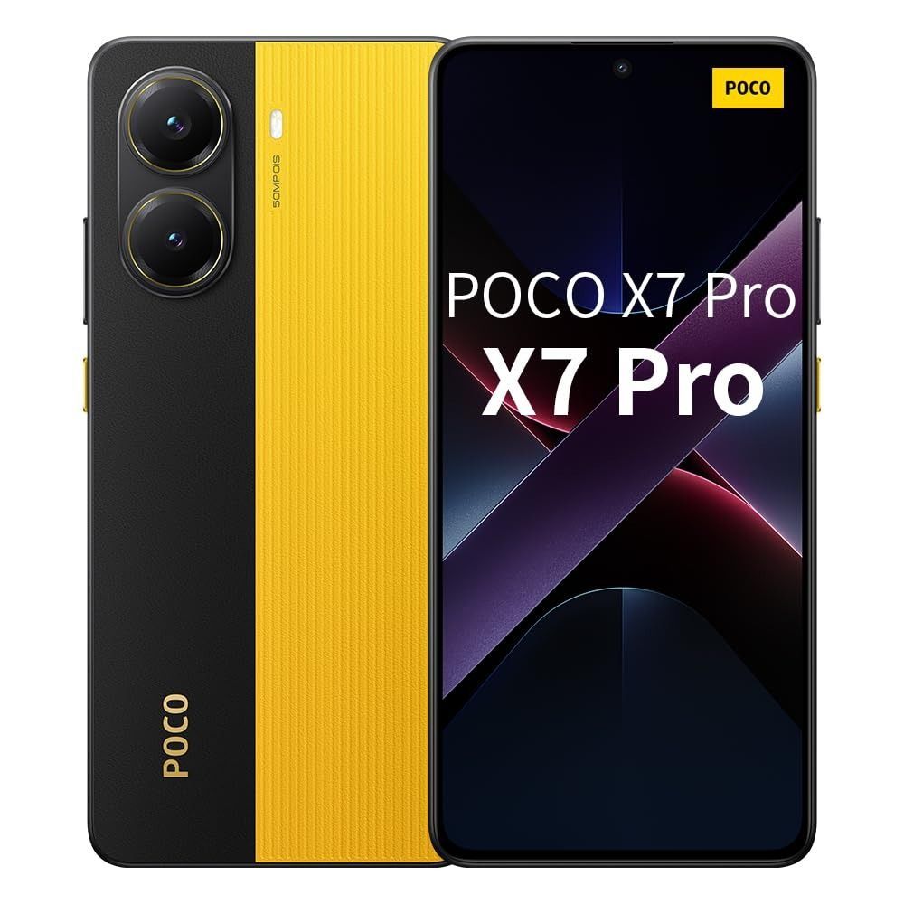 Smartphone POCO X7 Pro, vista frontal y trasera con diseño en negro y amarillo.