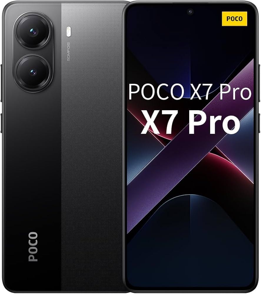 Smartphone POCO X7 Pro, vista frontal y trasera con diseño en negro y amarillo.