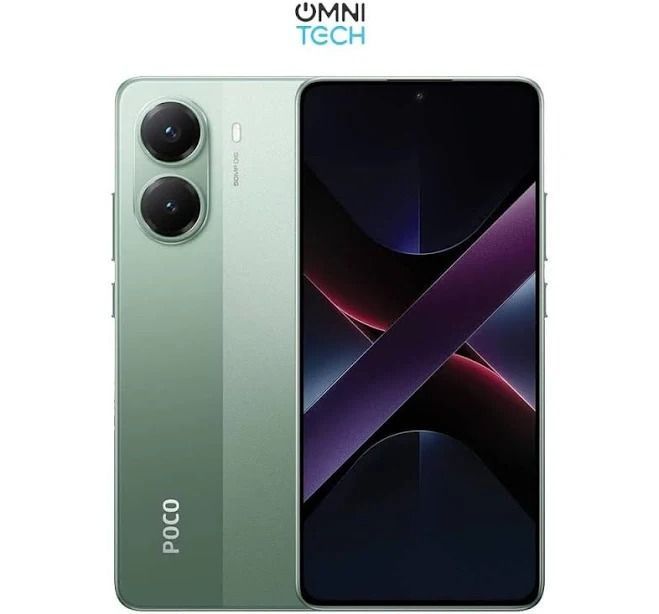 Smartphone POCO de color verde menta, visto de frente y de espaldas sobre un fondo blanco.
