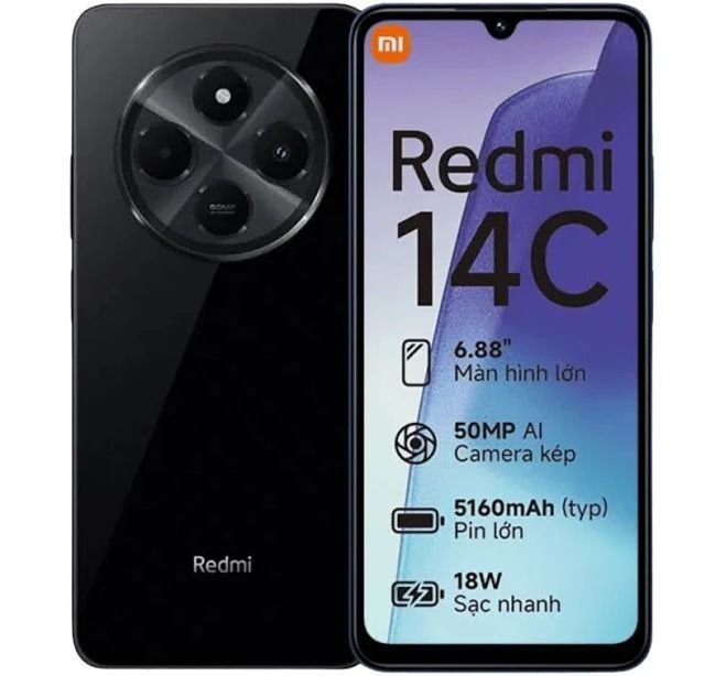 Caja del smartphone Redmi 14C y parte trasera del teléfono negra con módulo de cámara circular sobre fondo blanco.
