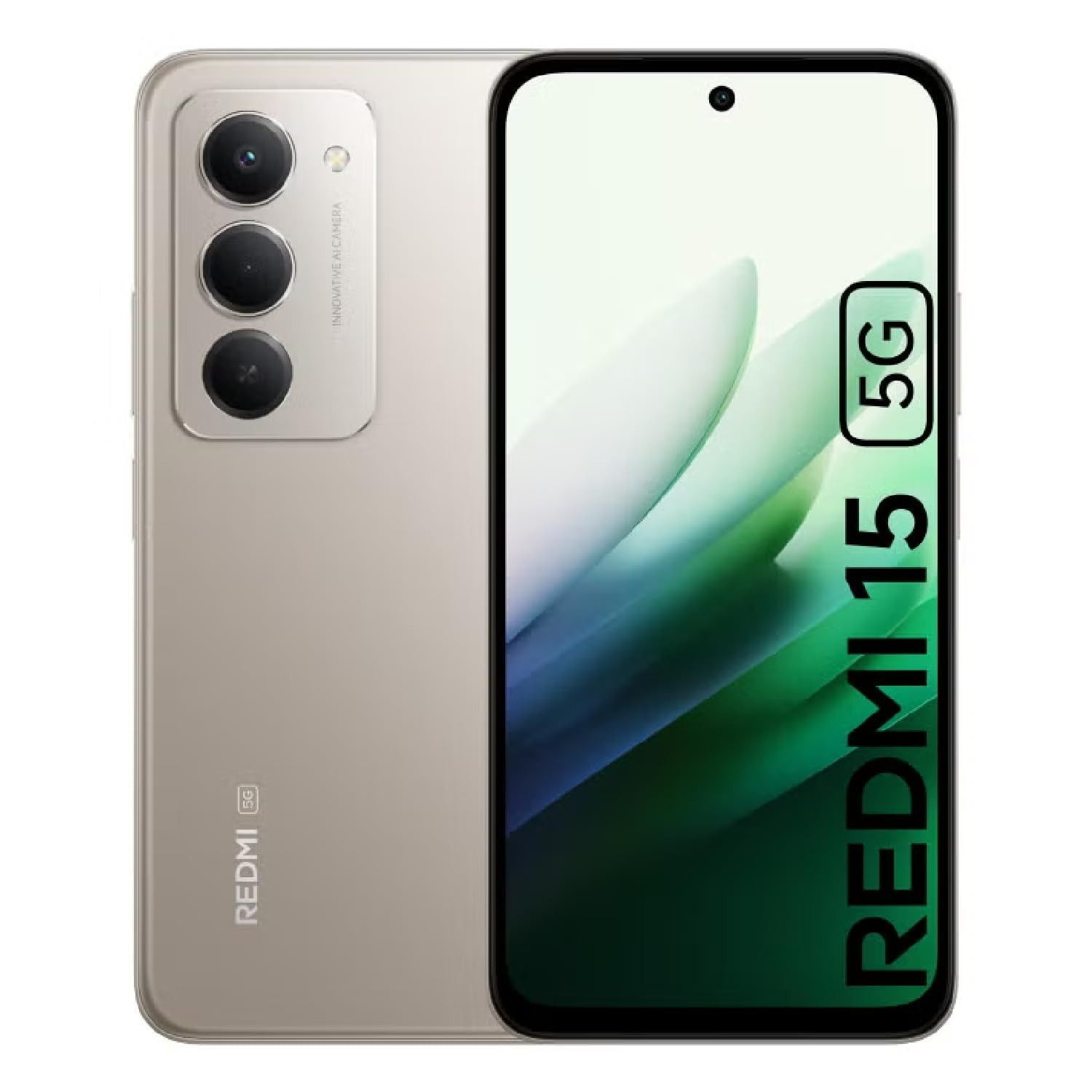 Smartphone Redmi 15 5G, vista frontal y trasera en color beige con pantalla verde.
