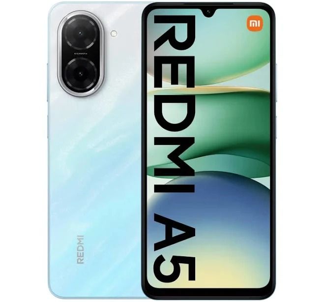 Se muestra el smartphone Redmi A5 por delante y por detrás; la parte trasera es de color azul claro y cuenta con una cámara dual.