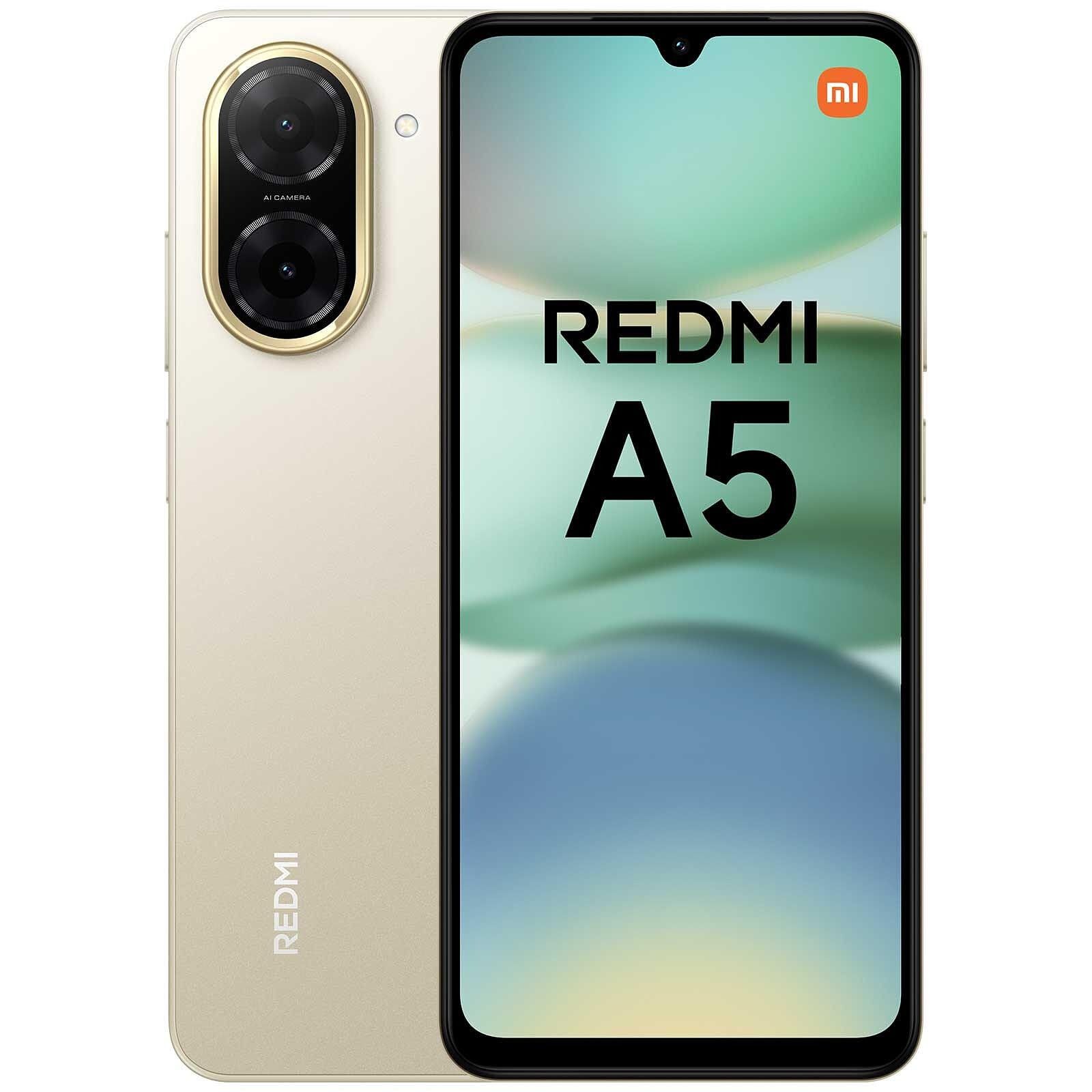 Se muestra el smartphone Xiaomi Redmi A5 por delante y por detrás en color dorado con texto en negro en la pantalla.