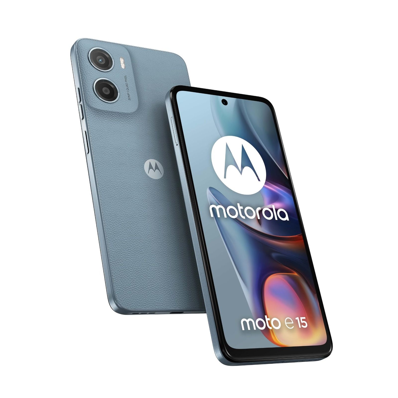 El smartphone Motorola Moto e15 se muestra por delante y por detrás en color azul grisáceo.