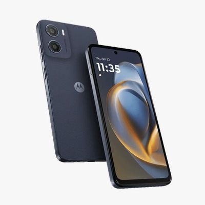 El smartphone Motorola Moto e15 se muestra por delante y por detrás en color azul grisáceo.