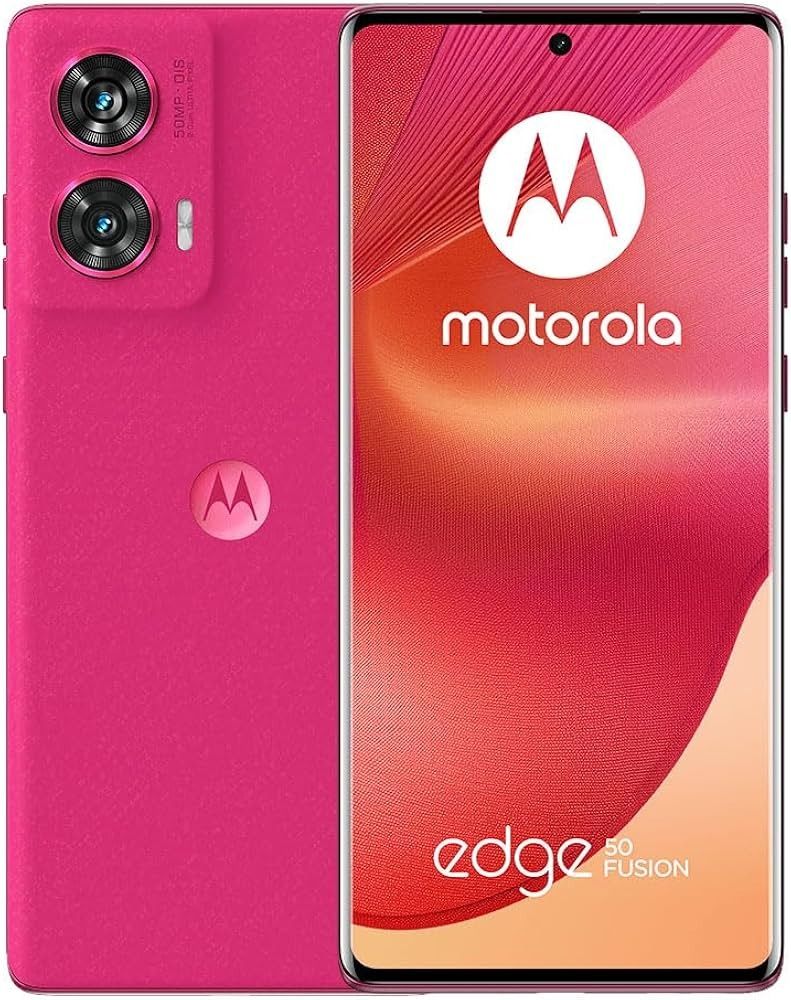 Se muestra el teléfono Motorola Edge rosa por delante y por detrás, con sus dos cámaras traseras y su pantalla.