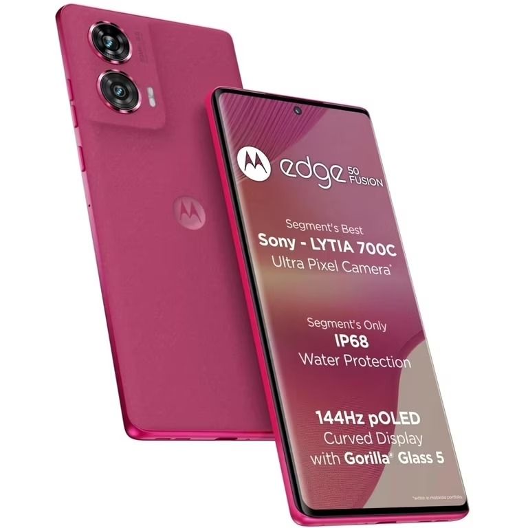 Se muestra el teléfono Motorola Edge rosa por delante y por detrás, con sus dos cámaras traseras y su pantalla.