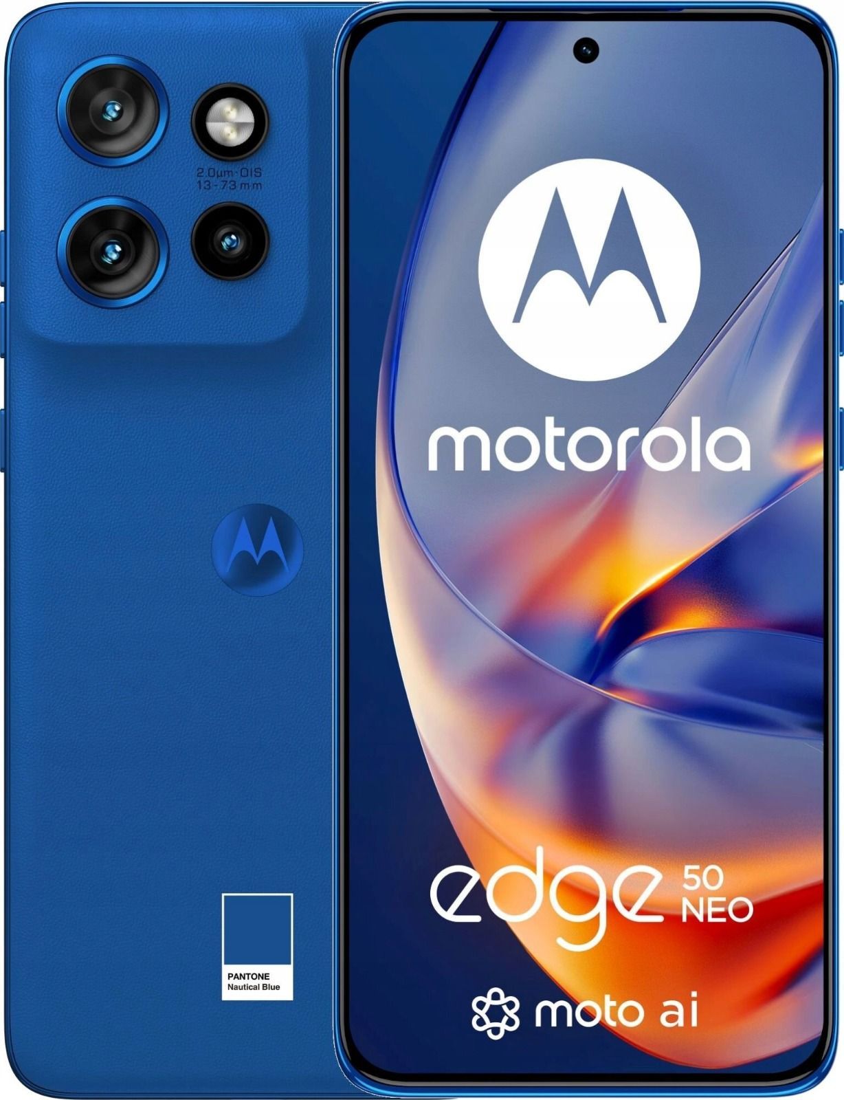 Se muestra un teléfono inteligente Motorola de color morado, tanto por delante como por detrás, con triple cámara y un fondo de pantalla abstracto.