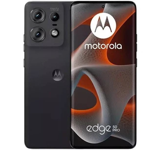 Smartphone Motorola Edge 50 Pro en color negro, mostrado de frente y de espaldas con un fondo de pantalla abstracto naranja.
