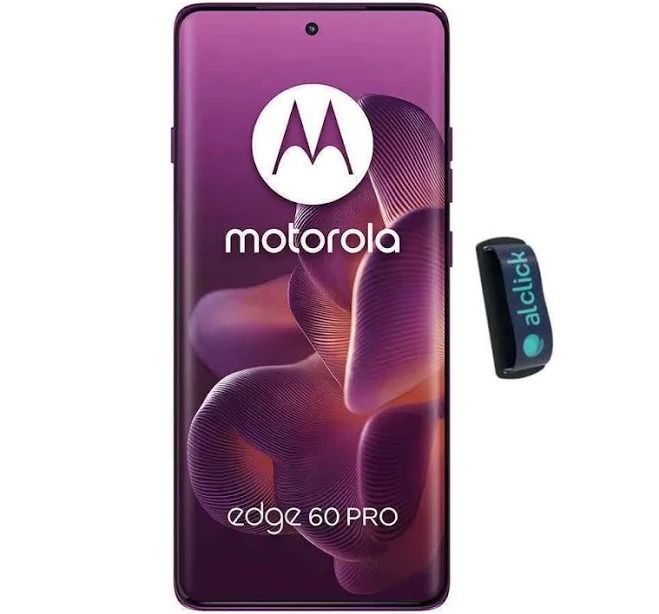 Smartphone Motorola Edge 60 Pro de color púrpura con un monitor de actividad física Alcik al lado.
