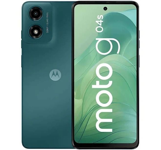 El smartphone Moto G04 se muestra por delante y por detrás en color verde azulado con cámaras traseras duales.