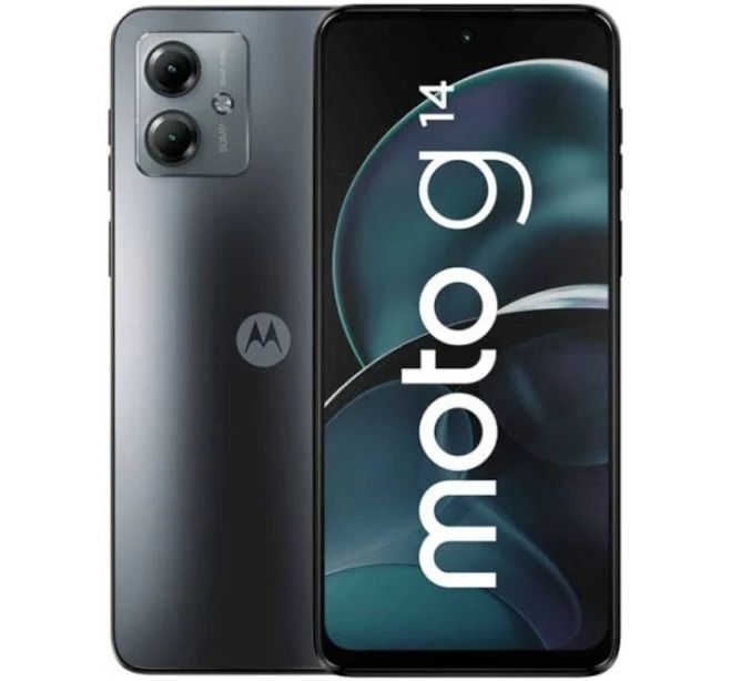 Parte frontal y trasera del smartphone Motorola, acabado en negro, con cámaras traseras duales mostradas una al lado de la otra.