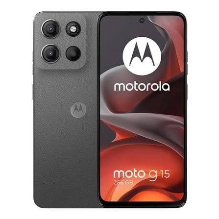 Smartphone Motorola Moto G15 en color verde oliva, vista frontal y trasera sobre fondo blanco.