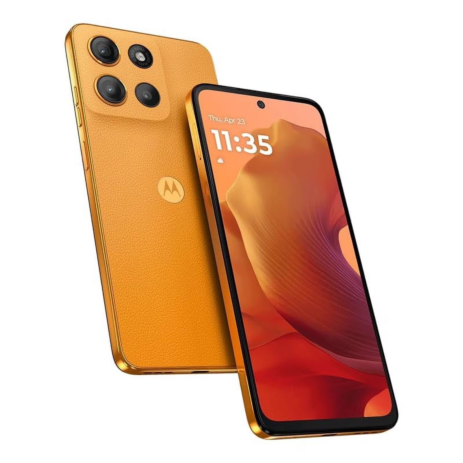 Se muestra un smartphone Motorola de color naranja, tanto por delante como por detrás, con triple cámara trasera y pantalla retroiluminada.