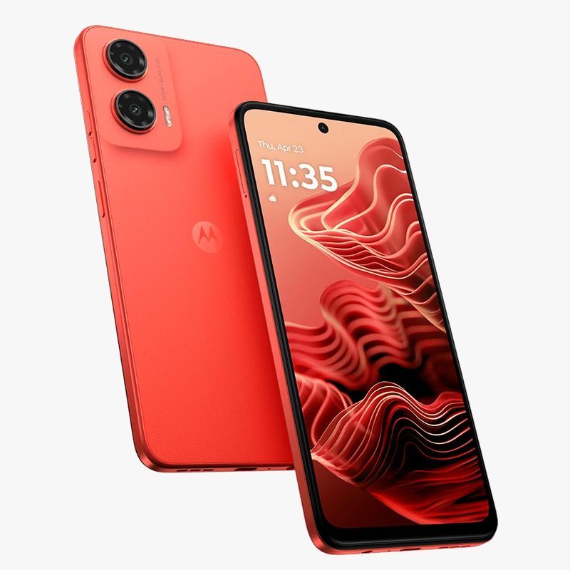 Dos teléfonos inteligentes rojos, uno frontal que muestra un fondo de pantalla rojo ondulado y otro trasero con cámaras duales.