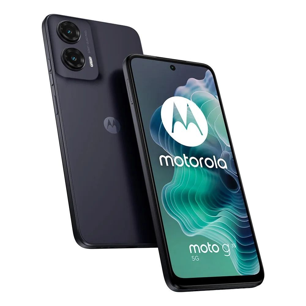 Teléfono Motorola Moto G9 mostrado de frente y de atrás en azul oscuro sobre fondo blanco.