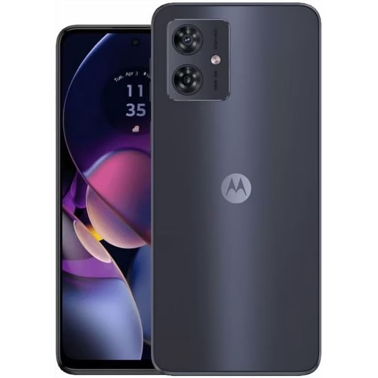 Vista frontal del smartphone Motorola Moto G9 con fondo de pantalla abstracto morado y logotipo.