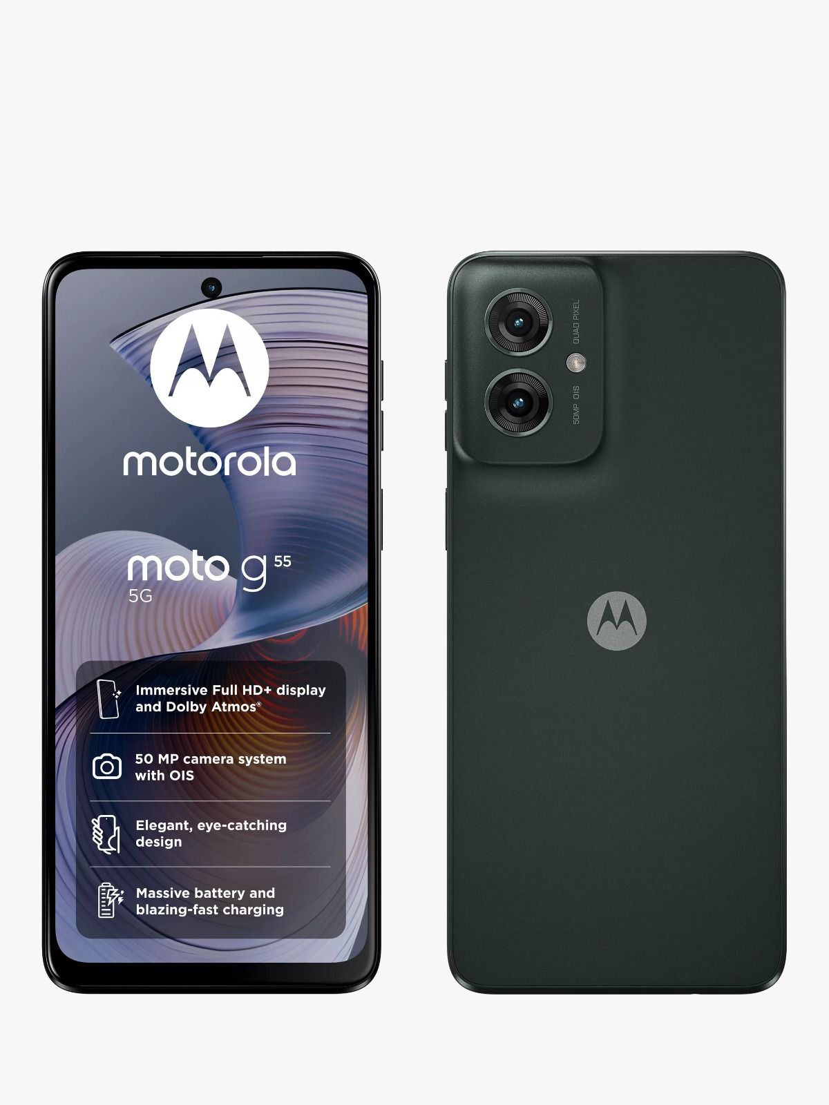 El smartphone Motorola Moto G se muestra tanto por delante como por detrás en color verde oscuro, con triple cámara trasera.