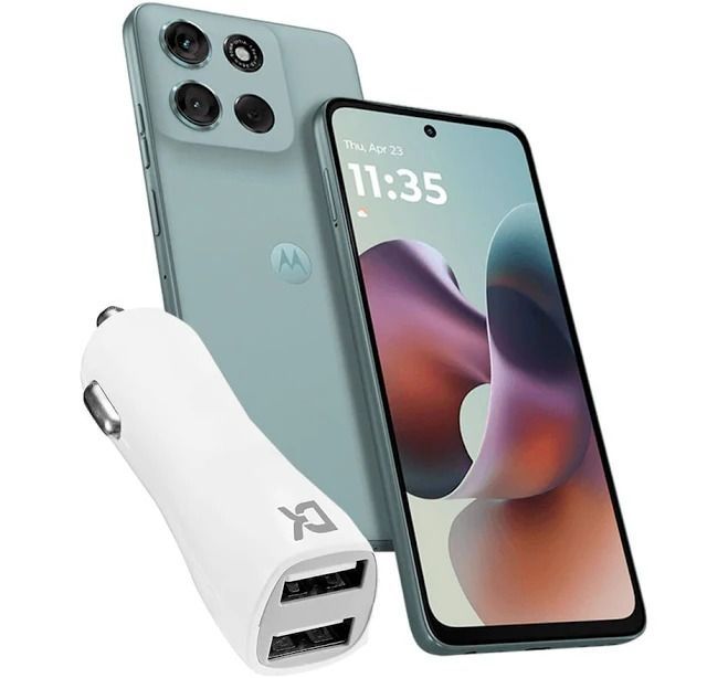 Smartphone Motorola con un cargador negro de 33 W sobre un fondo blanco.