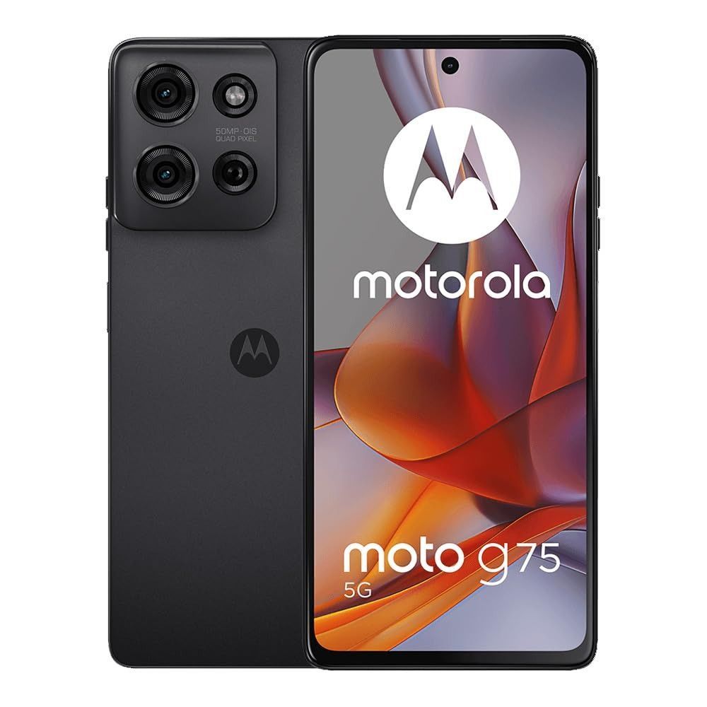 El smartphone Motorola Moto G75 se muestra por delante y por detrás en color gris oscuro con módulo de triple cámara.