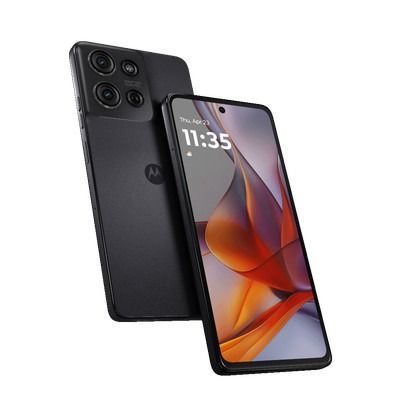 El smartphone Motorola Moto G75 se muestra por delante y por detrás en color gris oscuro con módulo de triple cámara.
