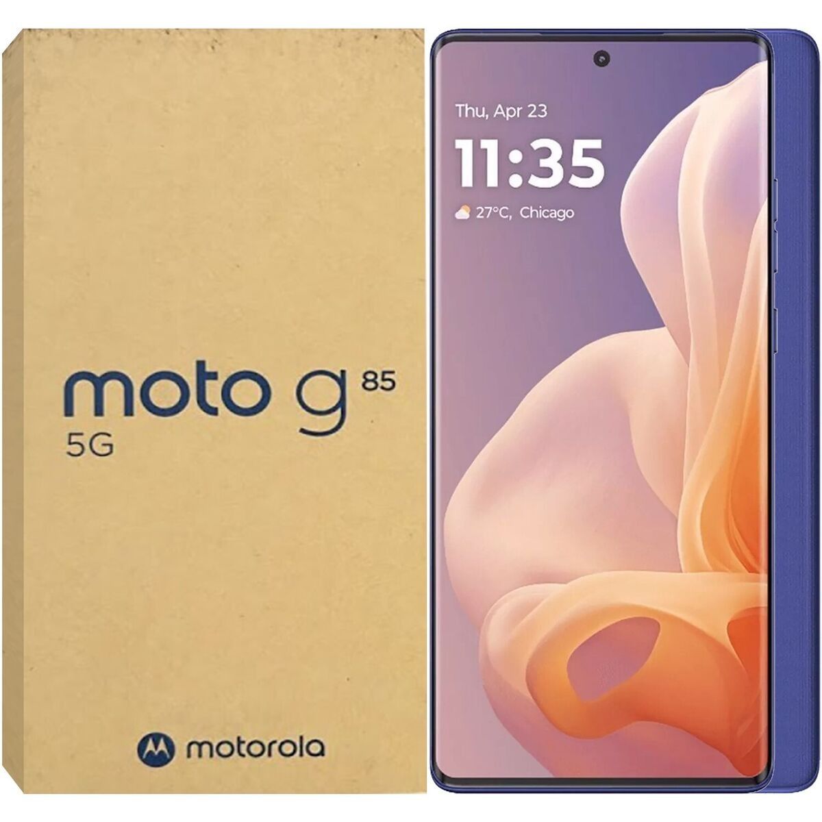 Caja de Motorola Moto G85 5G junto a un smartphone morado con fondo de pantalla abstracto.