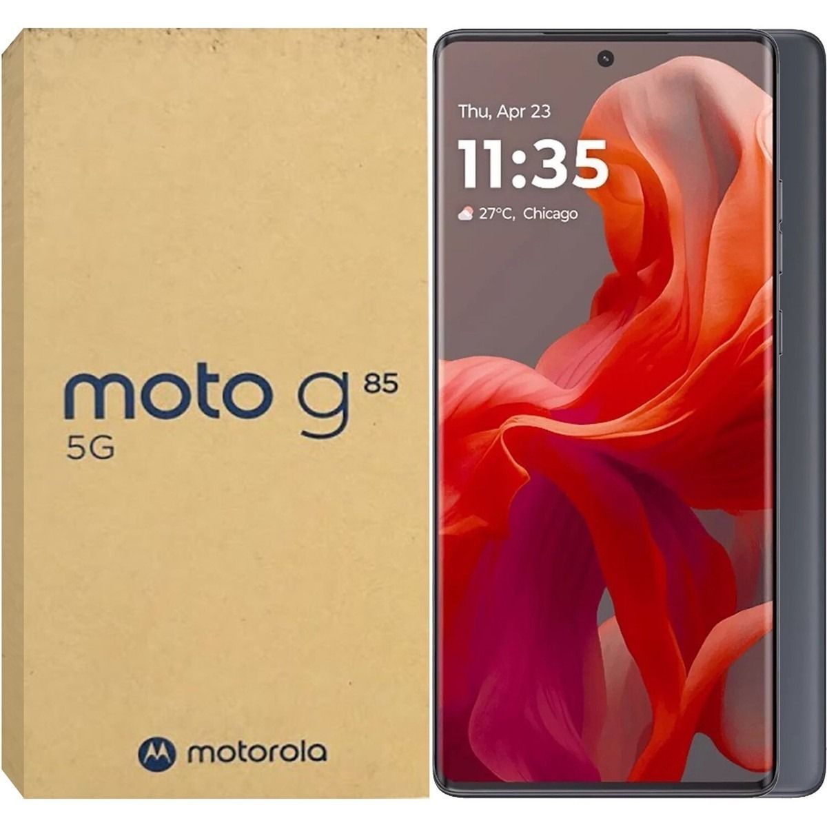 Caja de Motorola Moto G85 5G junto a un smartphone morado con fondo de pantalla abstracto.