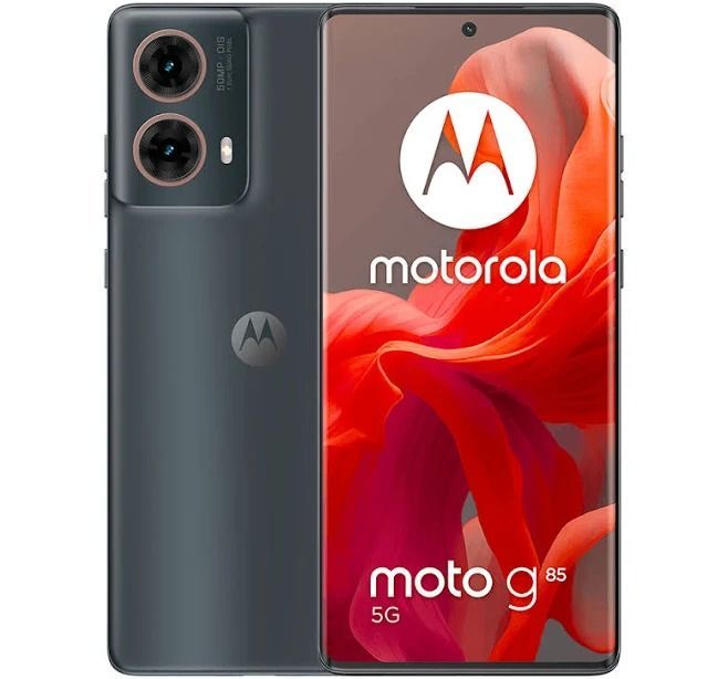 Vista frontal y trasera del smartphone Motorola Moto G85 5G, color gris oscuro con pantalla roja.