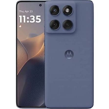Se muestra un teléfono inteligente Motorola azul, tanto por delante como por detrás, con cuatro cámaras y una pantalla de inicio iluminada.